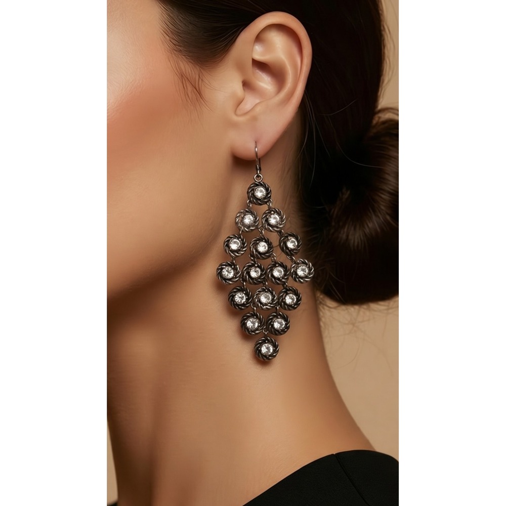 Silvertone Twists Rhinestones Draped Dangle Hook Pierced Earrings 2 1/2 Inches